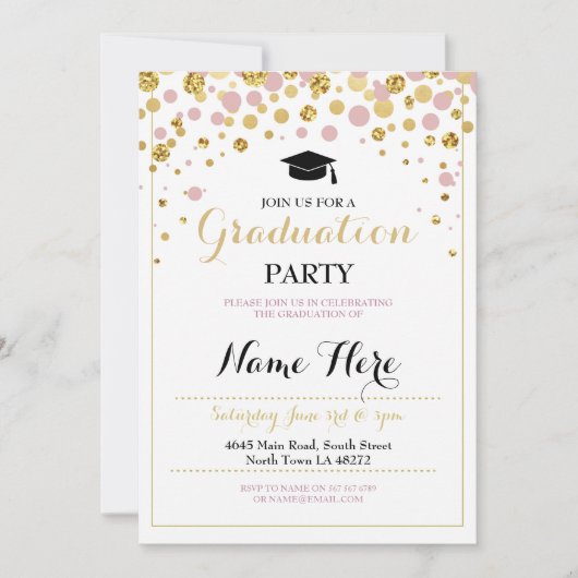 Abschluss Pink Gold Girl's Party Graduate Einladun Einladung (Vorderseite)