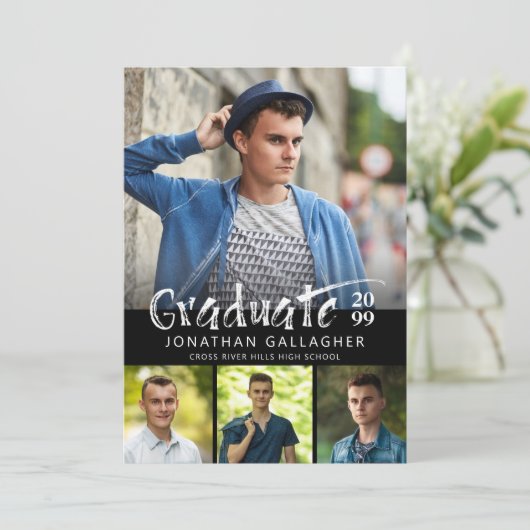 Abschluss Pinsel Druckfotoleime Schwarz Einladung (Stehend Vorderseite)