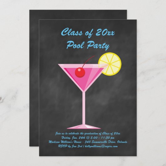 Abschluss Pool Party Einladen Chalkboard & Pink Einladung (Vorne/Hinten)