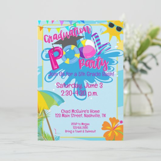 Abschluss Pool Party, Kindergarten, High School Einladung (Stehend Vorderseite)