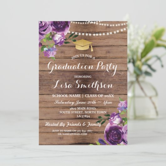 Abschluss Purple Blumen Lights Holz Einladung (Stehend Vorderseite)