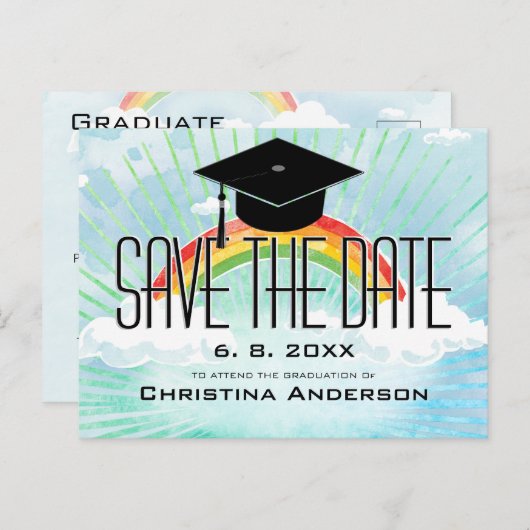 Abschluss Rainbow Save the Date Grad Cap Ankündigungspostkarte (Vorne/Hinten)