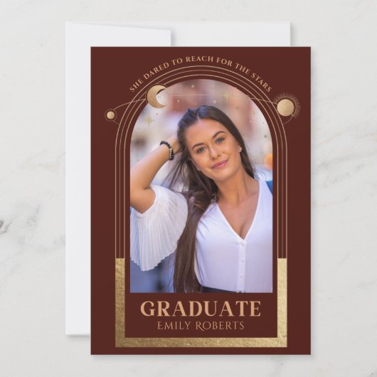 Abschluss Red Gold Sun Moon Stars Grad Foto Einladung (Vorderseite)