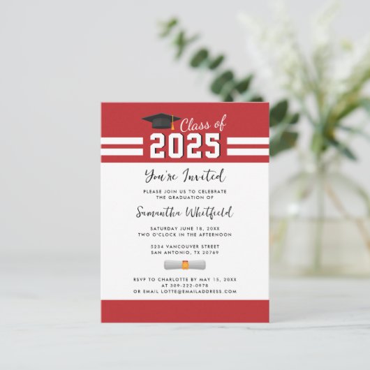 Abschluss Red White Script Grad Party Einladungspostkarte (Stehend Vorderseite)