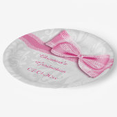 Abschluss-rosa Damast und Imitat-Bogen Pappteller (Schrägansicht)