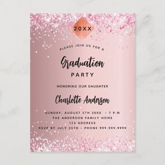 Abschluss Rosa Glitzer Einladungspostkarte (Vorderseite)