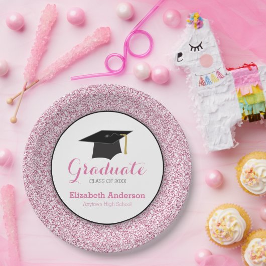 Abschluss Rosa Glitzer Mortarboard Pappteller (Party)