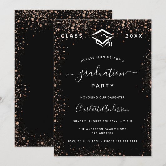 Abschluss, Rose, Glitzern Einladung (Vorne/Hinten)