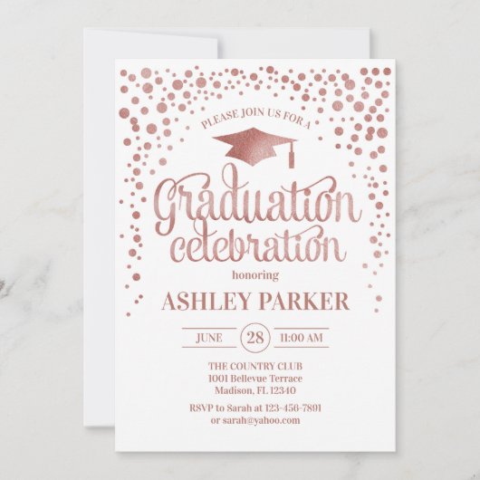 Abschluss - Rose Gold Weiß Einladung (Vorderseite)