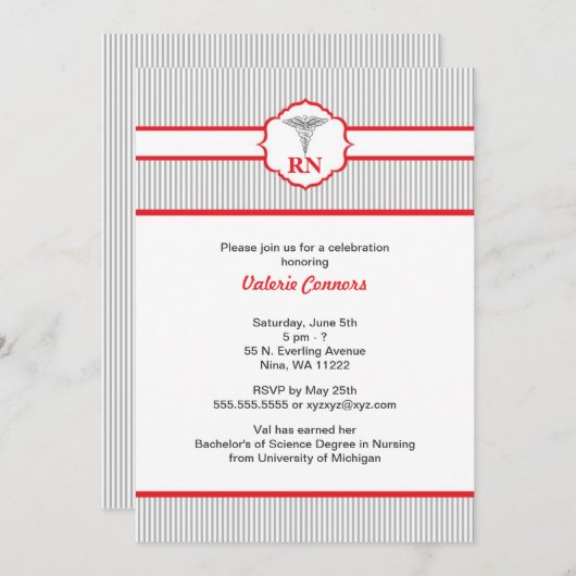 Abschluss-Rot und Grau Caduceus RN BSN LPN Einladung (Vorne/Hinten)