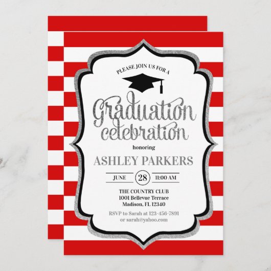 Abschluss - Rot-Weiß-Silberschwarz Einladung (Vorne/Hinten)