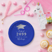 Abschluss Royal Blue Silver Confetti Script Pappteller (Party)