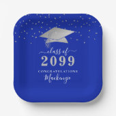 Abschluss Royal Blue Silver Confetti Script Pappteller (Vorderseite)