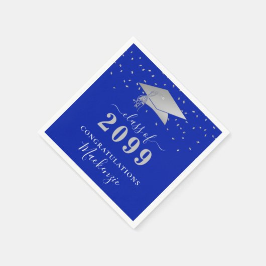 Abschluss Royal Blue Silver Confetti Script Serviette (Ecke)