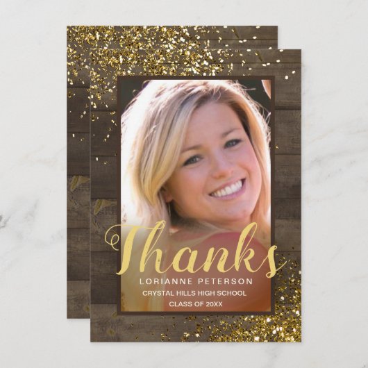 Abschluss Rustic Glam Dank Gold Script Foto Dankeskarte (Vorne/Hinten)