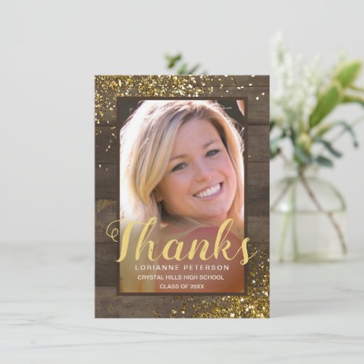 Abschluss Rustic Glam Dank Gold Script Foto Dankeskarte (Stehend Vorderseite)