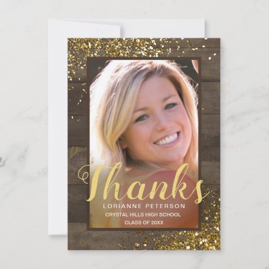 Abschluss Rustic Glam Dank Gold Script Foto Dankeskarte (Vorderseite)