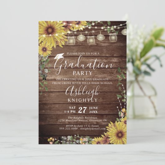 Abschluss Rustic Sunflower Wood Script Einladung (Stehend Vorderseite)