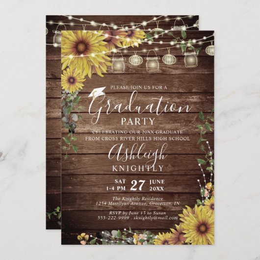Abschluss Rustic Sunflower Wood Script Einladung (Vorne/Hinten)