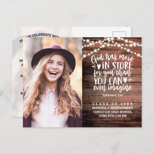 Abschluss Rustikale String Lights Foto Bibel Verse Postkarte (Vorne/Hinten)