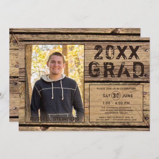 Abschluss Rustikales Land Holz 1 Foto GRAD Einladung (Vorne/Hinten)