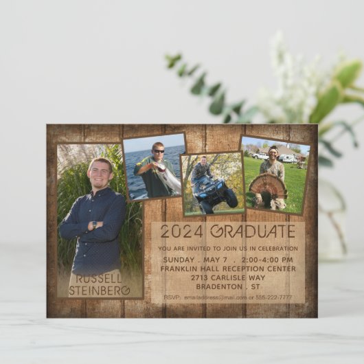 Abschluss Rustikales Land Holz 5 Foto Einladung (Stehend Vorderseite)