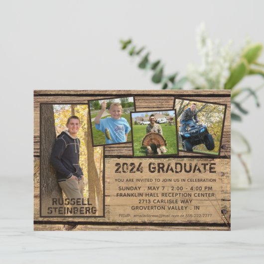 Abschluss Rustikales Landholz 5 FotoCollage Einladung (Stehend Vorderseite)