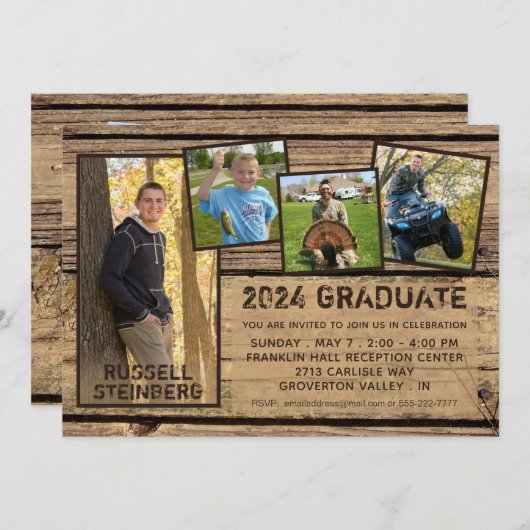 Abschluss Rustikales Landholz 5 FotoCollage Einladung (Vorne/Hinten)