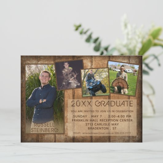 Abschluss Rustikales Landholz 5 FotoCollage Einladung (Stehend Vorderseite)