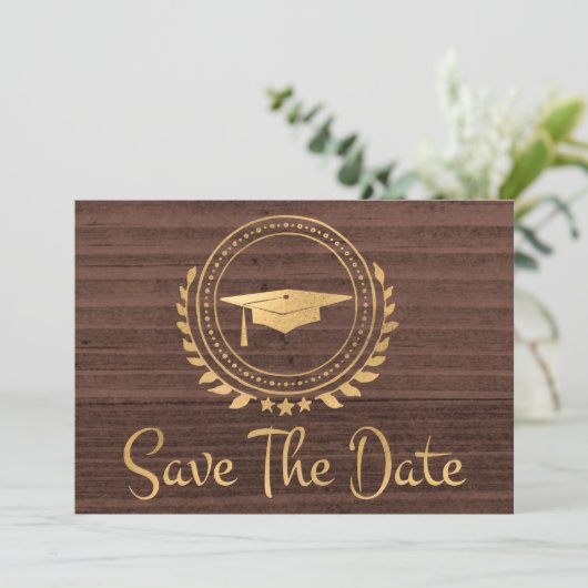 Abschluss Rustric Save the Date Gold Grad Cap (Stehend Vorderseite)