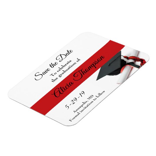 Abschluss Save the Date Black Red Cap Tassel Magnet (Linke Seite)