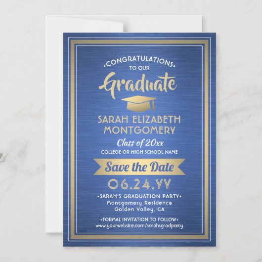 Abschluss Save the Date Brushed Royal Blue & Gold Magneteinladung (Vorderseite)