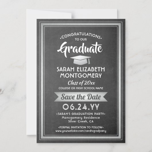 Abschluss Save the Date Chalkboard grau und weiß Magneteinladung (Vorderseite)