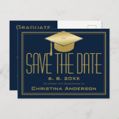 Abschluss Save the Date Chic Blue Gold Grad Cap Ankündigungspostkarte (Vorne/Hinten)