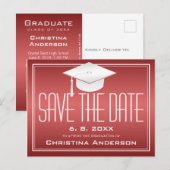 Abschluss Save the Date Chic Red White Grad Cap Ankündigungspostkarte (Vorne/Hinten)