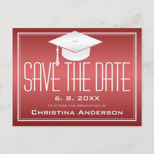 Abschluss Save the Date Chic Red White Grad Cap Ankündigungspostkarte (Vorderseite)