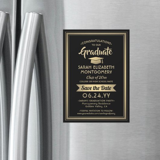 Abschluss Save the Date elegant Schwarz und Gold Magneteinladung