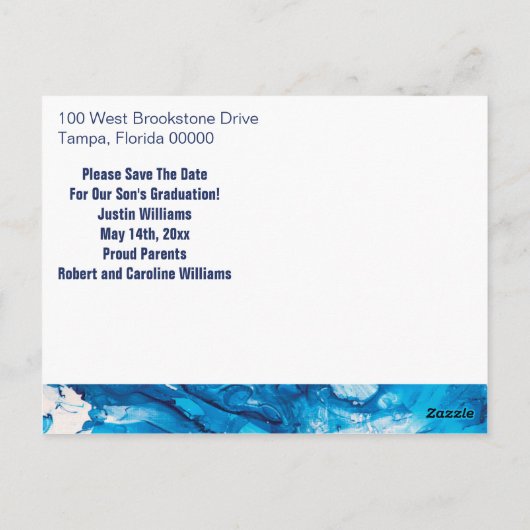 Abschluss Save the Date Eleganter Blauer Marmor Postkarte (Rückseite)