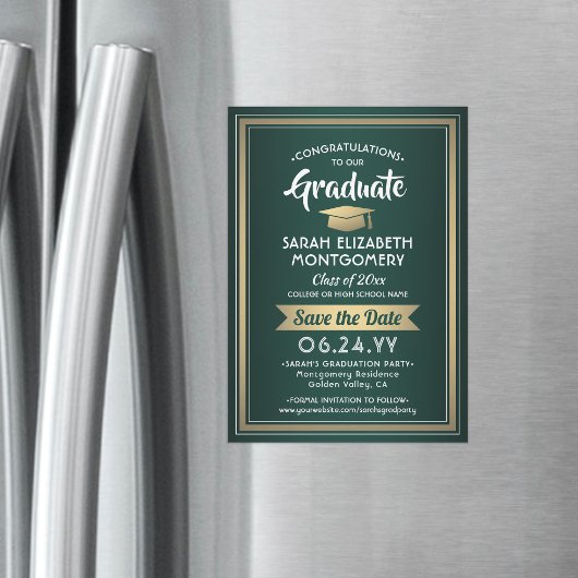 Abschluss Save the Date Elegantes, grünes Weiß Gol Magneteinladung