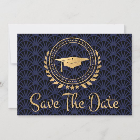 Abschluss Save the Date Gold Grad Cap Art Deco (Vorderseite)