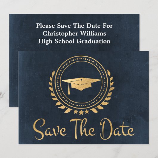 Abschluss Save the Date Gold Grad Cap Blauer Khalk (Vorne/Hinten)