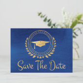 Abschluss Save the Date Gold Grad Cap Blue (Stehend Vorderseite)