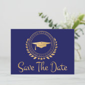 Abschluss Save the Date Gold Grad Cap Blue (Stehend Vorderseite)