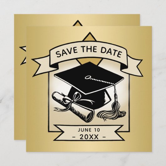 Abschluss Save the Date Gold Grad Cap Elegant Ankündigung (Vorne/Hinten)