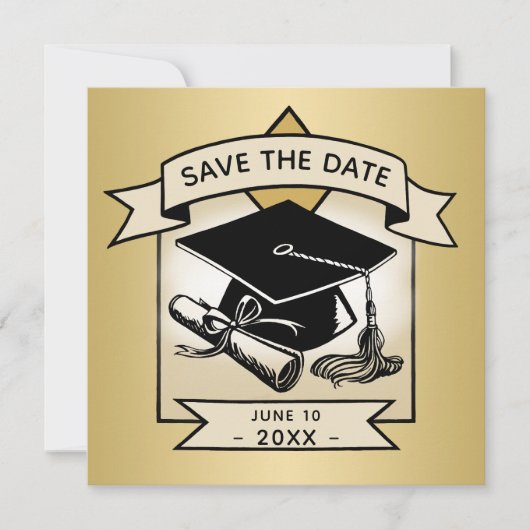 Abschluss Save the Date Gold Grad Cap Elegant Ankündigung (Vorderseite)