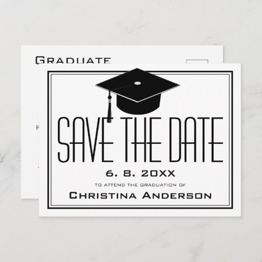 Abschluss Save the Date Grad Cap White Graduate Ankündigungspostkarte (Vorne/Hinten)