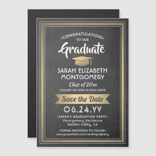 Abschluss Save the Date Halbpension Schwarz und Go Magneteinladung (Vorne/Hinten)