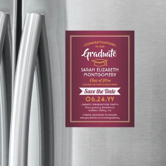 Abschluss Save the Date Maroon Red & Gold Yellow Magneteinladung