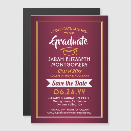 Abschluss Save the Date Maroon Red & Gold Yellow Magneteinladung (Vorne/Hinten)