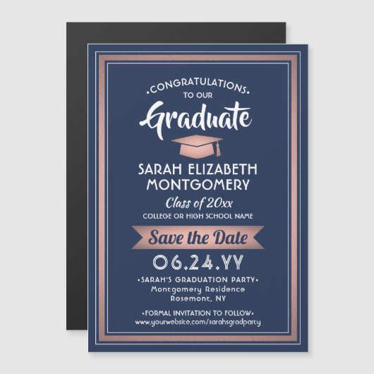 Abschluss Save the Date Navy Blue Pink Rose Gold Magneteinladung (Vorne/Hinten)